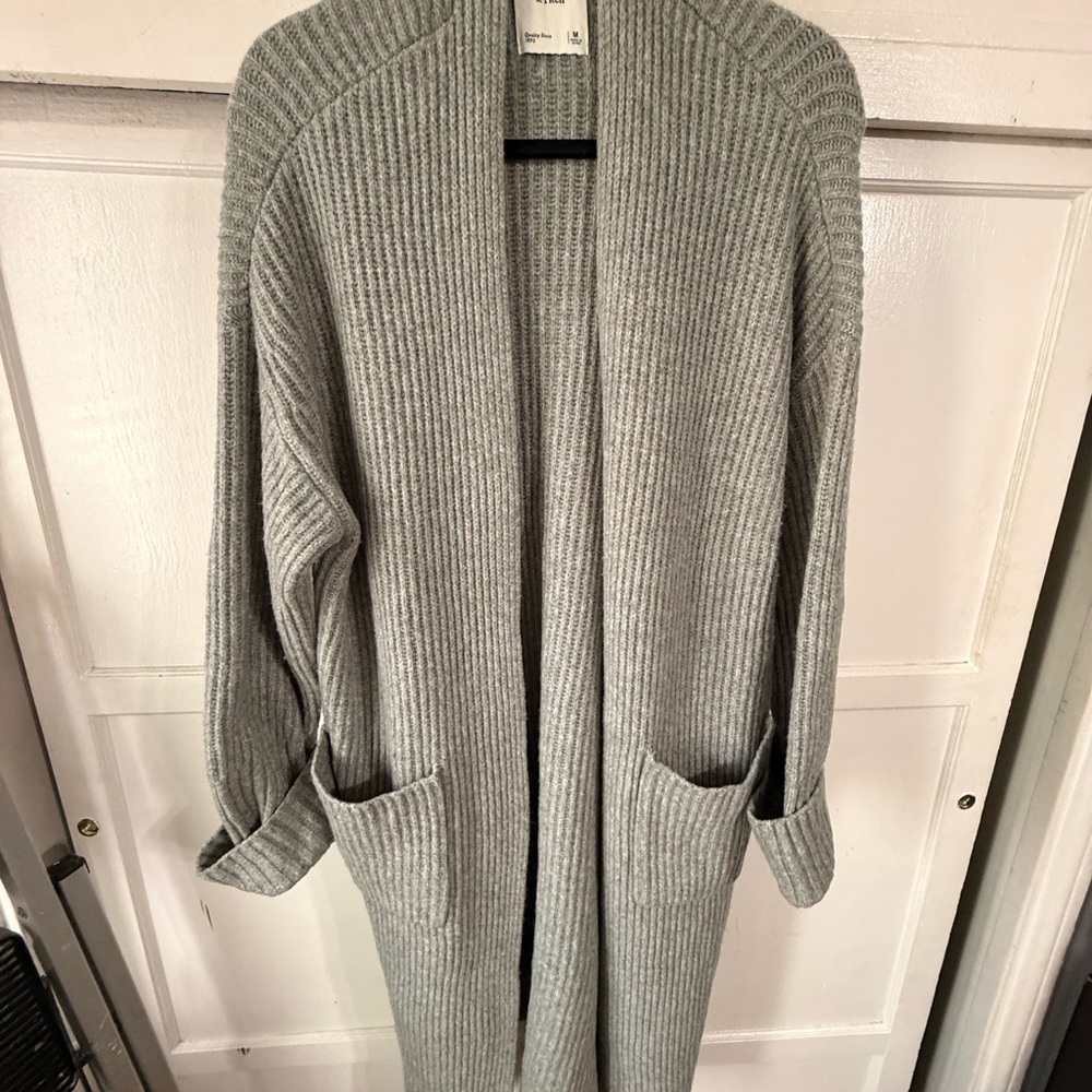 Gray Ribbed Open-Front Cardigan